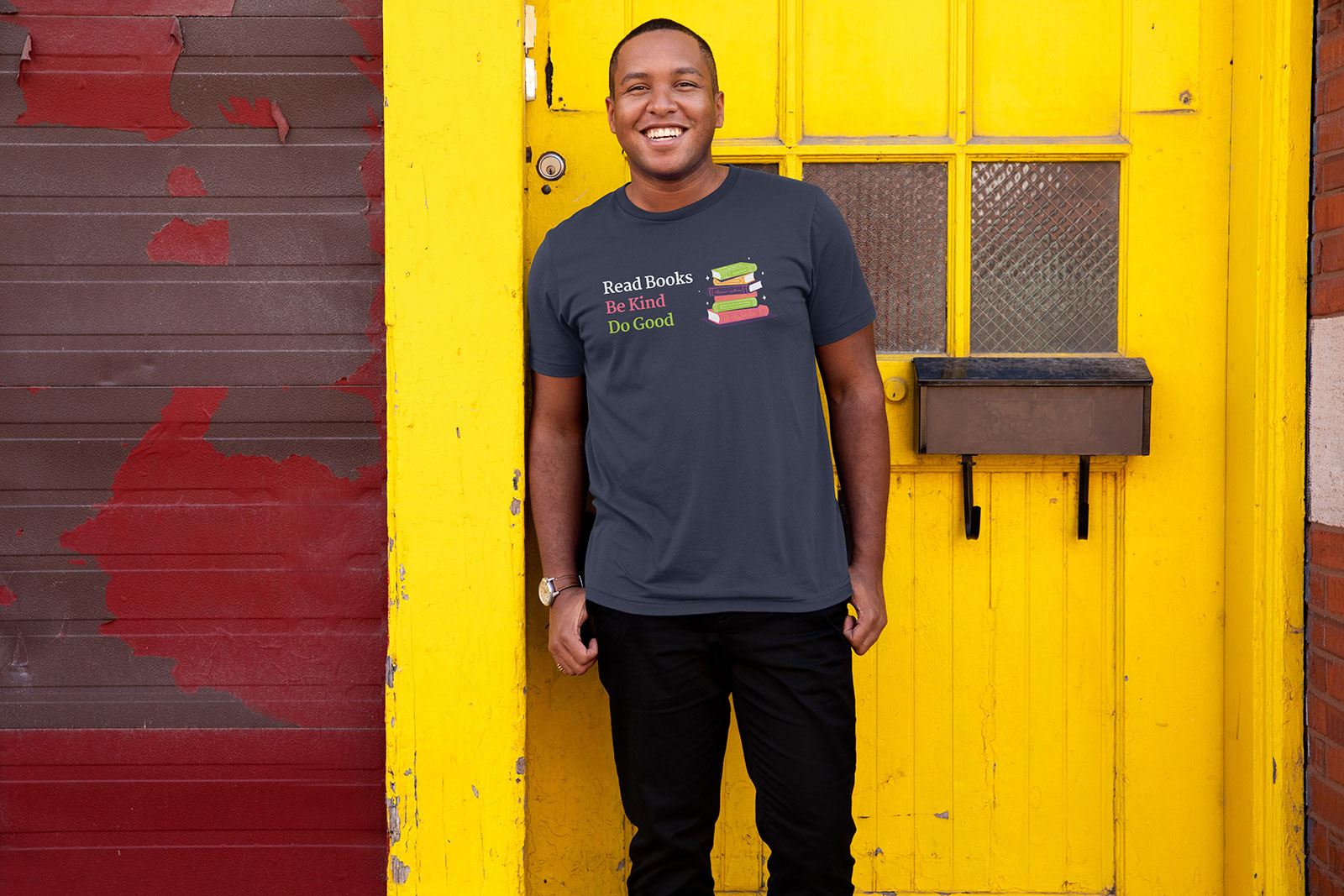 Person modeling Booktrovert Collection t-shirts