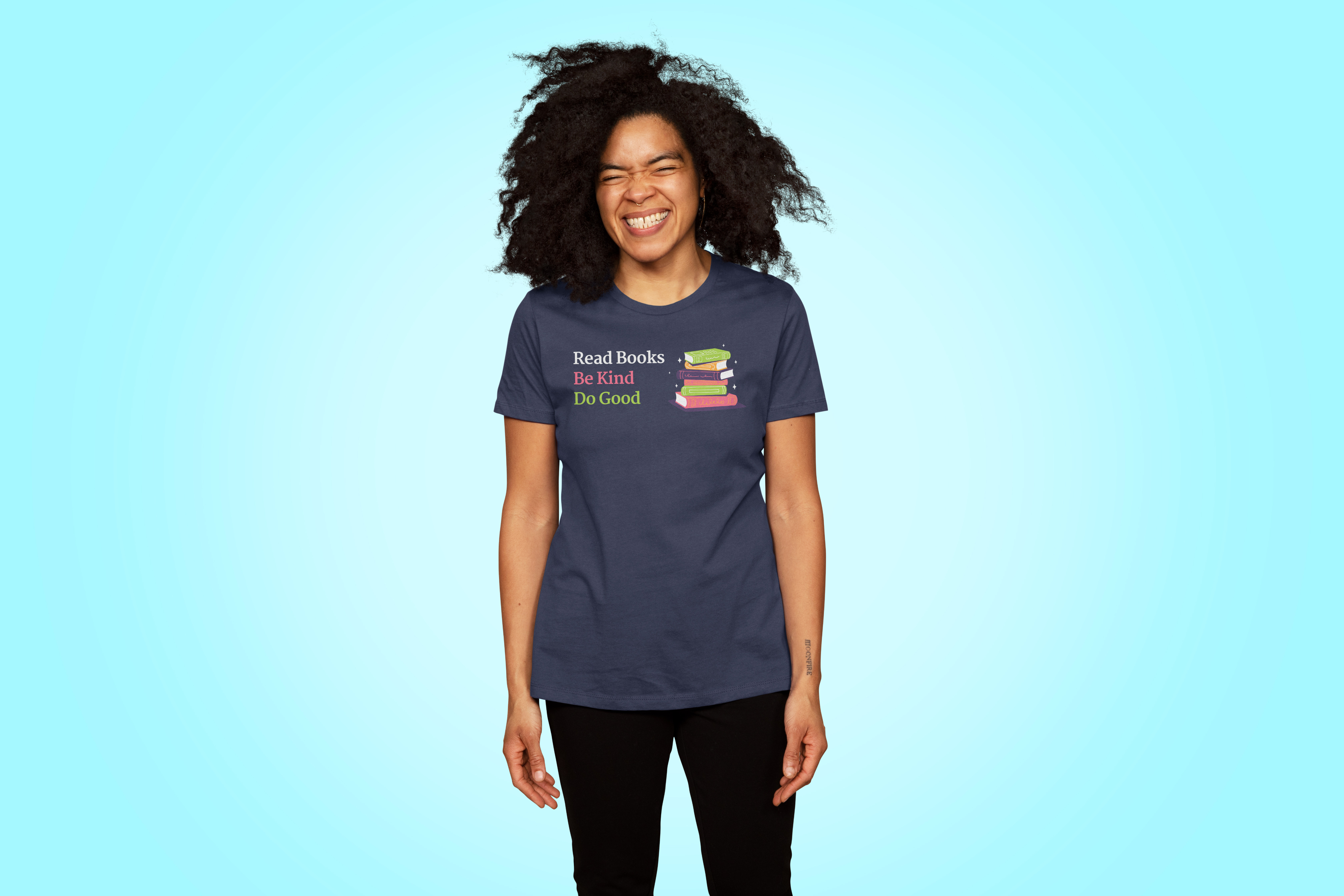 Person modeling Booktrovert Collection t-shirts